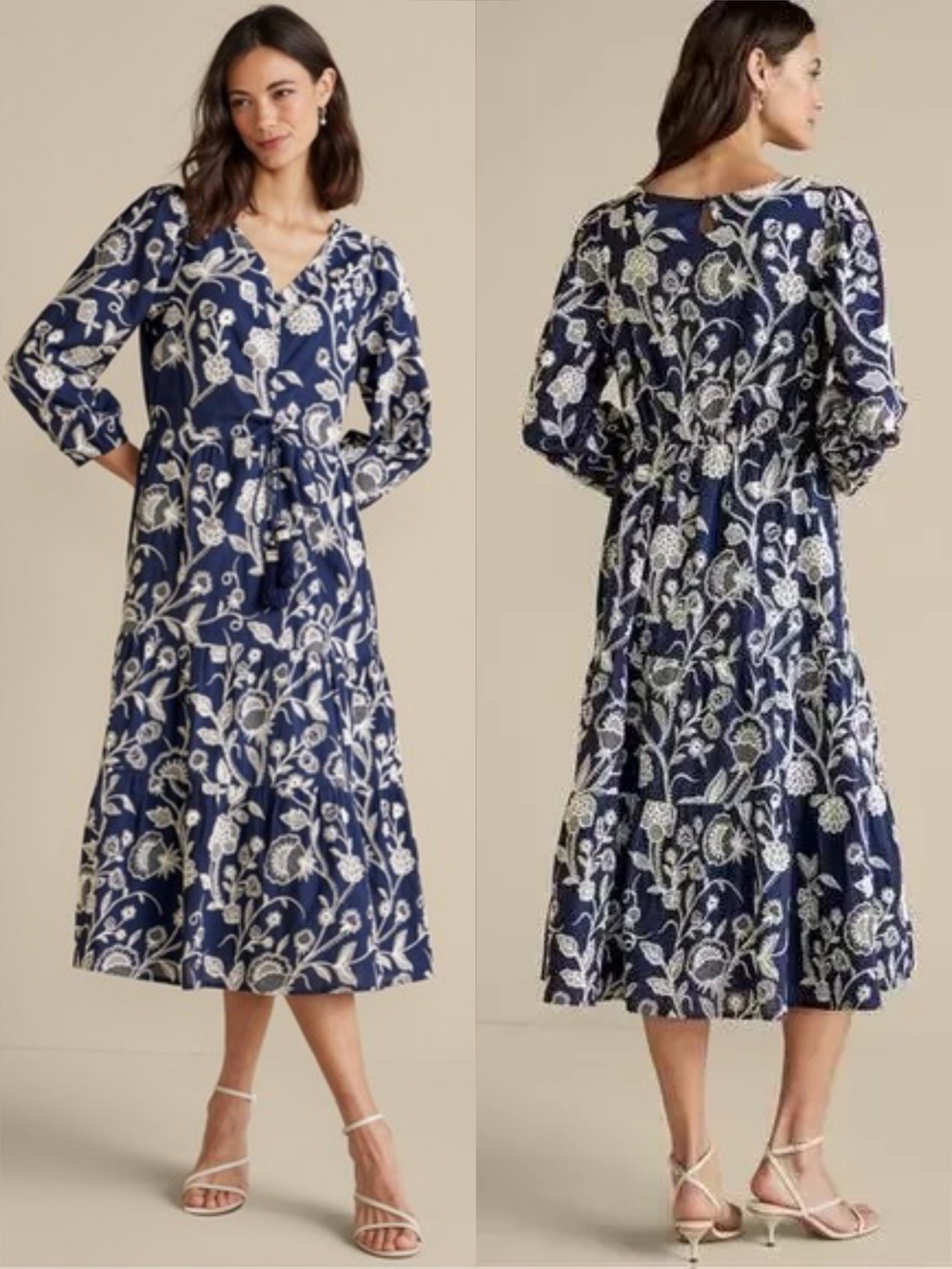 Soft Surroundings Dress Womens 4 Navy Blue Embroidered Tilda Midi Boho Romantic